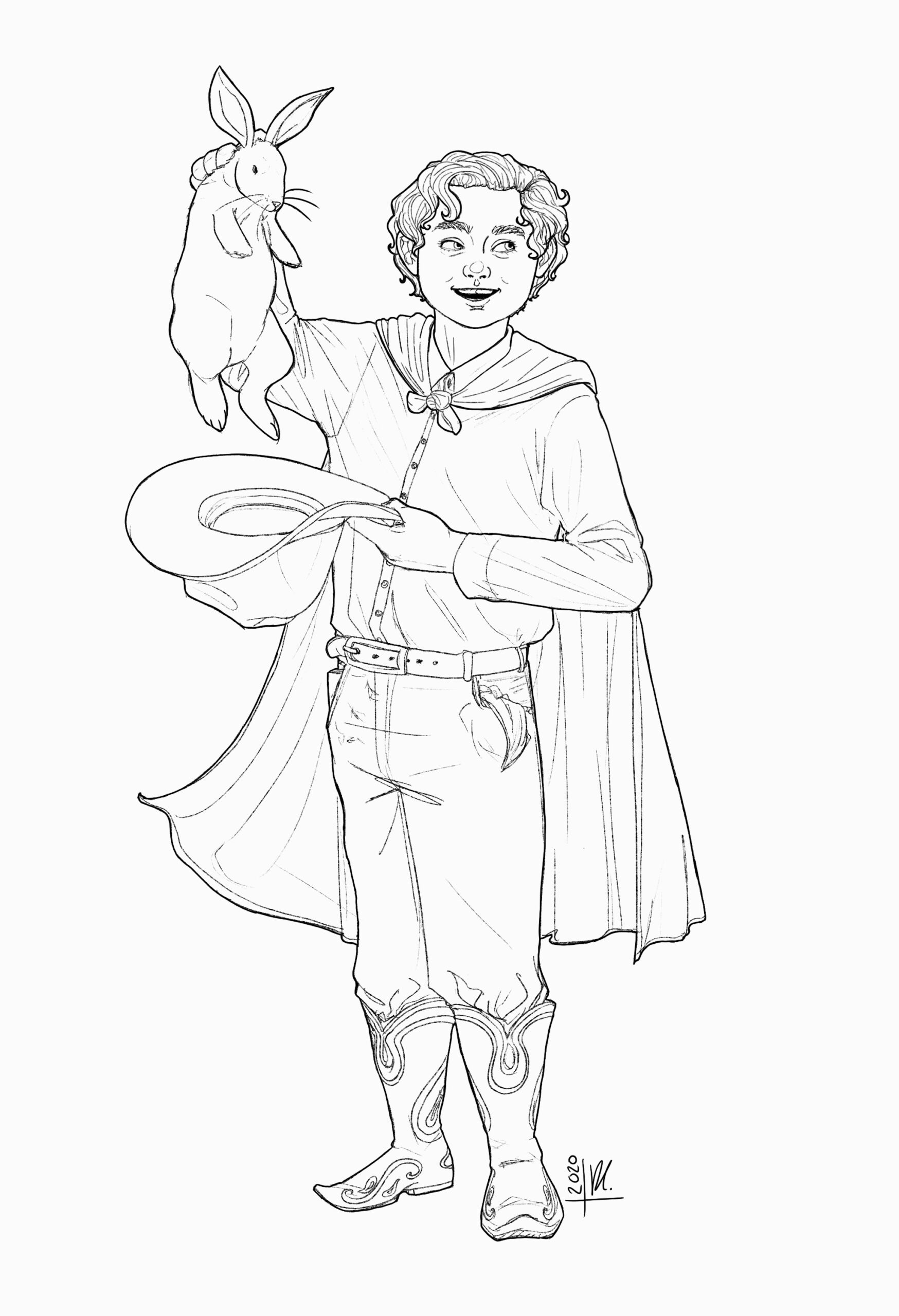 A line drawing of a young boy in a cape pulling a rabbit out of a cowboy hat. Art by Robyn Clements.